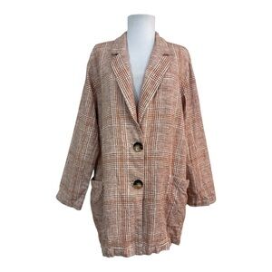J. Jill Women's Petite Large PL Blazer Plaid Brown Pink Pockets Long Sleeves